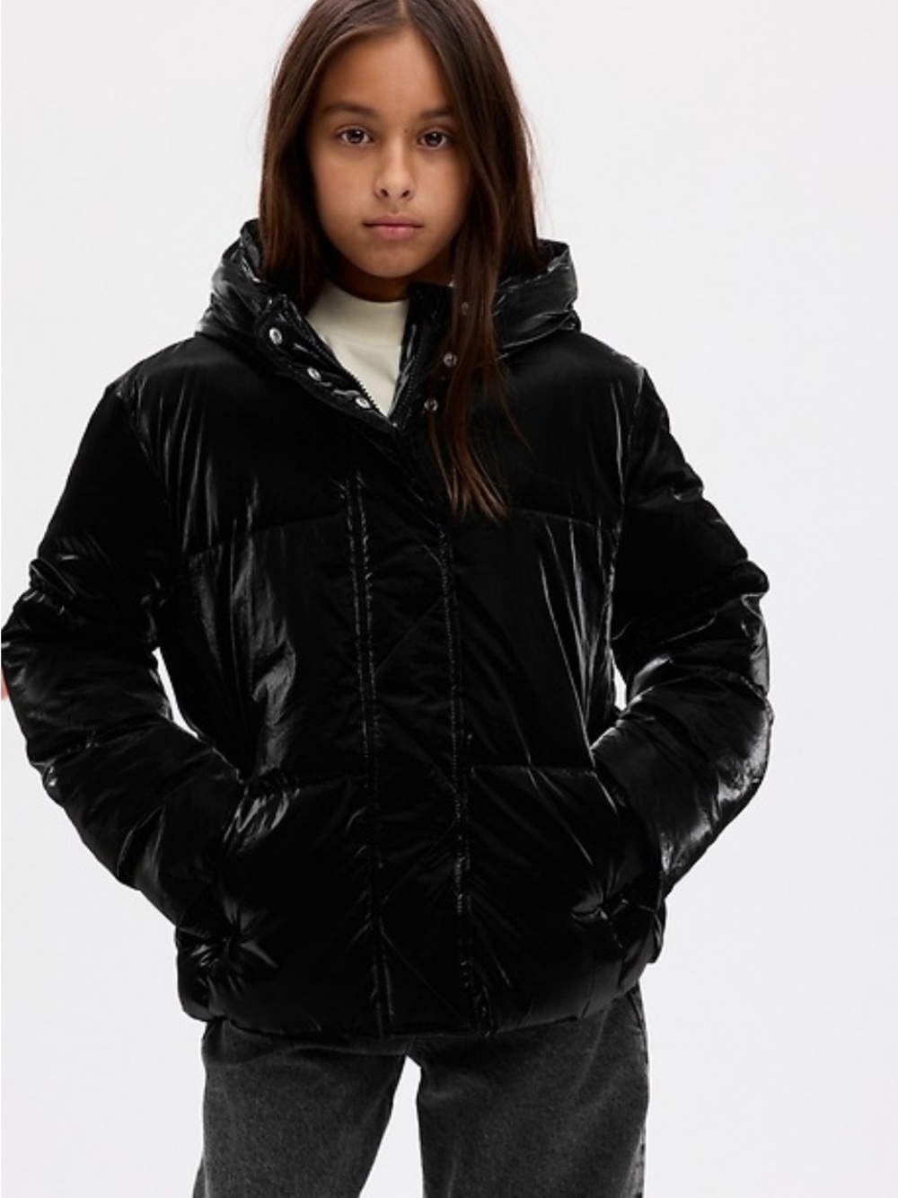 Gap Kids Black Puffer Hooded Cold Control Max Shine Coat, size XXL